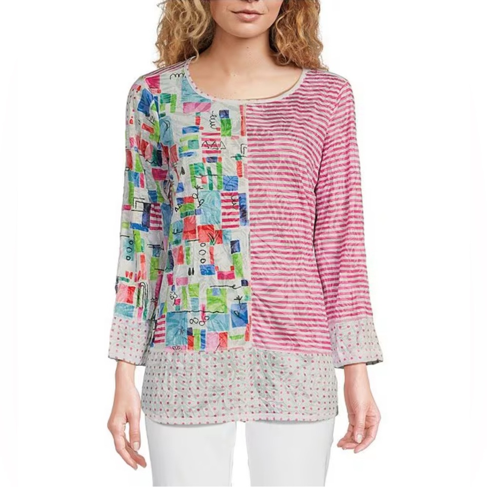 Ali Miles Sz L Abstract Printed Burnout Crinkle Knit Round Neck 3/4 Sleeve Tunic